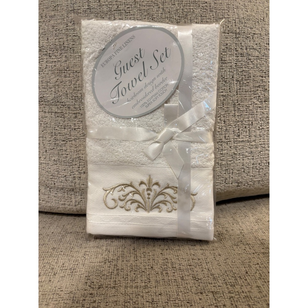 Europa Fine Linens Guest Towel Set 2pc White Egyptian Cotton Gold Embroidered